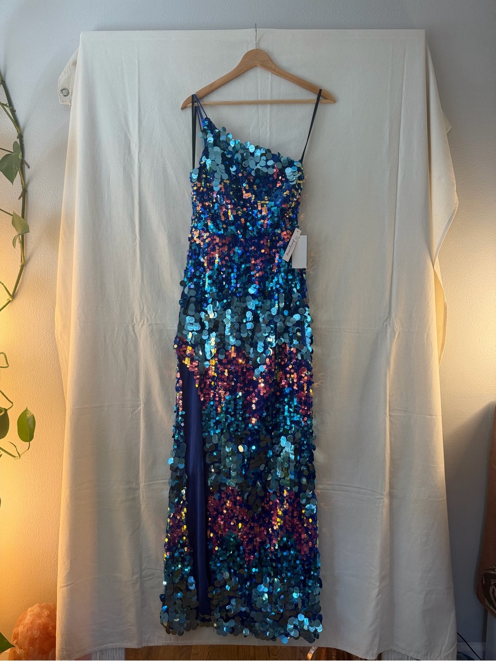 Xtraordinary Iridescent Blue One-Shoulder Sequin Mermaid Gown